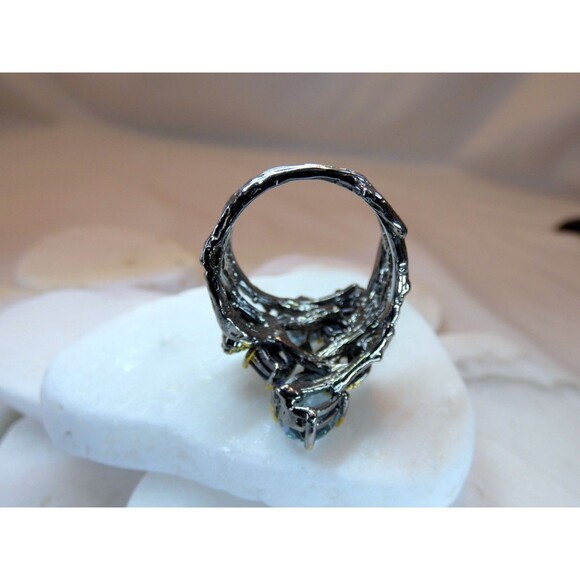 Stunning Blue Topaz- Iolite Sterling Silver Ring Botanical Vines Size 8 Cocktail - Picture 7 of 9